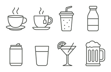 Beverage set. drink containers linear style. cup, mug, bottle, can, glass, cocktail vector icons.