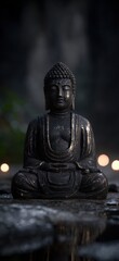 Fototapeta premium Bronze Buddha Statue Meditating in Serene Garden, Evoking Spirituality and Inner Peace for Mindfulness Campaigns and Cultural Heritage Projects : Generative AI