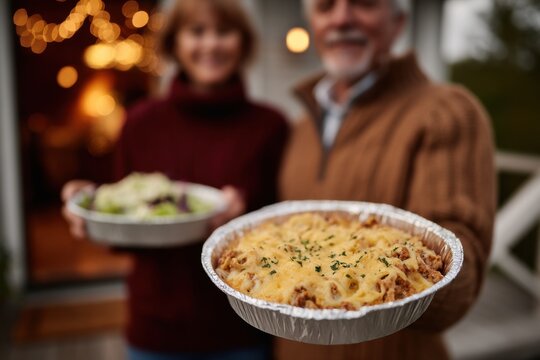 Senior Couple Holding Lasagna and Salad Outside Home, Representing Family Gatherings and Holiday Celebrations With Home Cooked Food : Generative AI