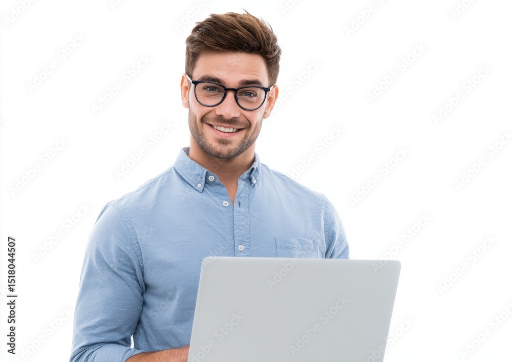 Aufkleber smiling man holding laptop on white backdrop, representing entrepreneurship and digital transformati