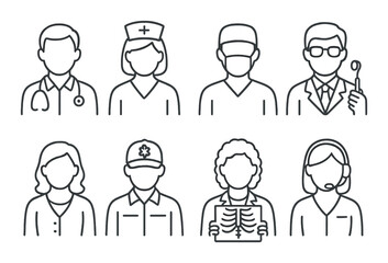 Medical professional set. healthcare linear doctors, nurse, surgeon, radiologist vector icons.