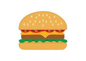 Vector illustration of a delicious classic hamburger with sesame seeds tomato cheese and lettuce