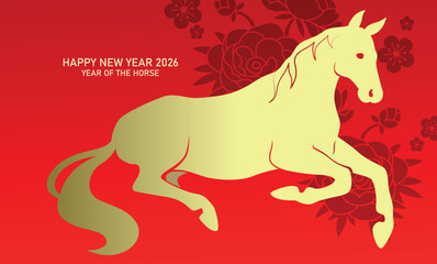 Zodiac horse silhouette with peonies pattern in background. Chinese new year of the horse 2026 greeting card banner.