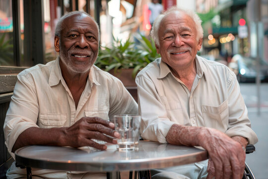 Two elderly male friends sitting at an outdoor caf , smiling and enjoying a casual moment together. Concept of friendship, aging well, community, diversity and connection