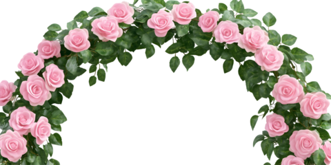 Elegant arched frame of pink roses and vibrant green leaves on a black background