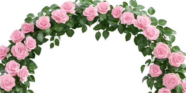 Elegant arched frame of pink roses and vibrant green leaves on a black background