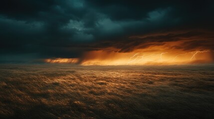 Dramatic Storm Over Open Water with Dark Clouds and Vibrant Orange Light Displaying Nature's Power and Beauty