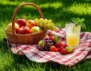 A cozy picnic setup with a blanket, fruit basket, and a glass of lemonade on green grass.