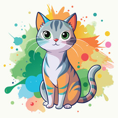 Cartoon Cat Illustration with Colorful Splashes and Dots on White Background Image