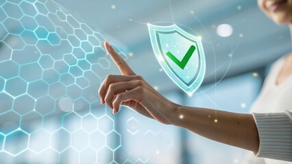 Cyber security concept featuring a person interacting with a digital shield icon and data protection network