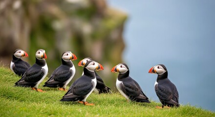 Fototapeta premium Atlantic Puffin Group Cliff Edge Sea Backdrop Coastal Wildlife Birds