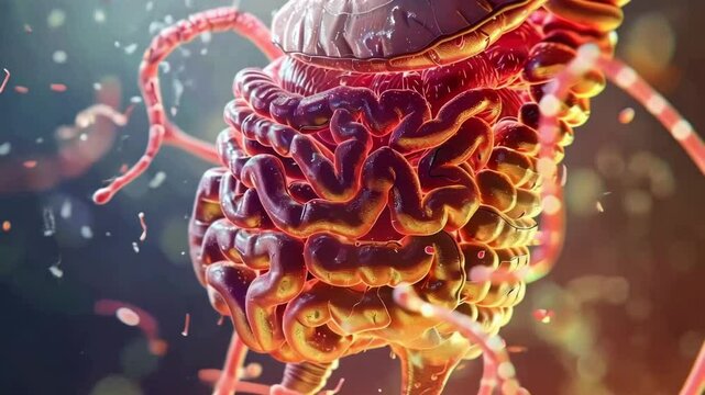 Vibrant 3D illustration of human intestines, highlighting intricate digestive system anatomy for medical and educational use