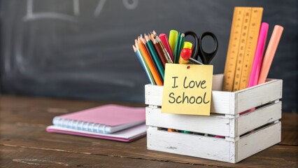 Education themed image with an assortment of stationery supplies in a white wooden crate expressing love for learning.