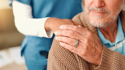 Hands, shoulder and nurse with elderly person on sofa for comfort, empathy and support. Retirement...