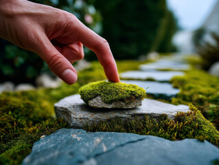 Close-up of finger touching soft moss on garden stone path