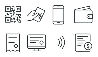 Payment method set. digital transaction flat icons. card, phone, wallet, qr, receipt vector icons.