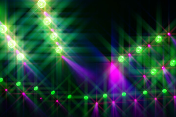 Stage light beams are green and purple on a blue background.