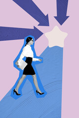 Composite sketch design artwork 3D photo collage of young businesswoman walk hold laptop arrow show star aim success review rating