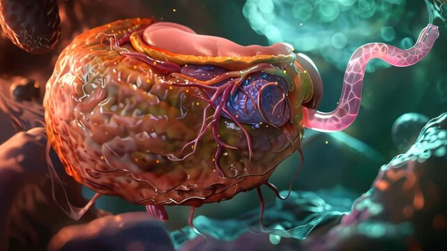 Detailed anatomy close-up of a healthy gallbladder in situ with labels
