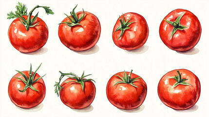 Artistic watercolor illustrations of different vegetables such as tomato, great for menu and recipe design purposes.

