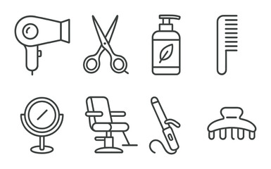 Obraz premium Hairdressing tools set. salon equipment linear icons. dryer, scissors, comb, mirror vector icons.