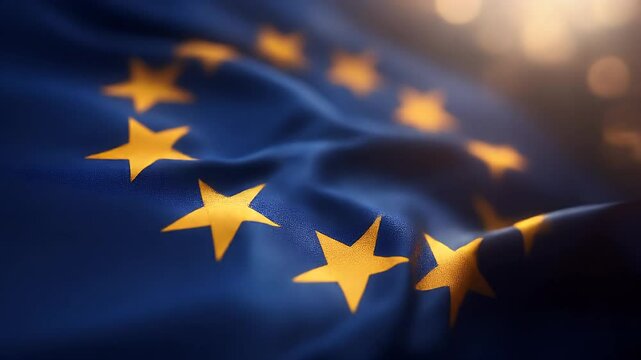 Bokeh European Union flag waving closeup for vibrant EU celebration, colorful flag lights, and dynamic patriotic digital art