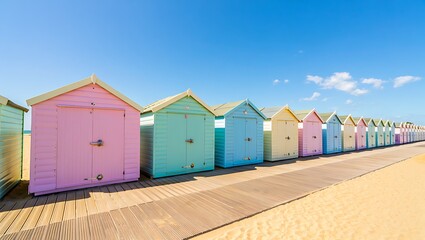 Colorful beach huts lined up on sandy shore seasonal holiday background