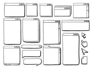Hand Drawn Web Interface Element. A creative collection of nineteen hand drawn web interface icons including browser cursors search bars and chat bubbles. Perfect for UI sketches and digital mockup
