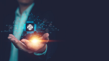 Businessman hand holding electronic circuit board chip, Future of advanced technology innovation. Artificial intelligence concept AI supports business.