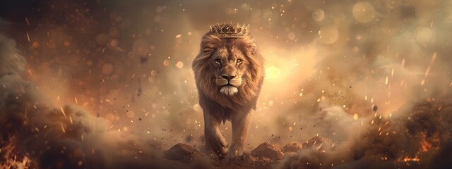 Majestic lion with a golden crown representing strength, royalty, and divine power, walking forward amidst glowing bright light for religious and spiritual concepts.