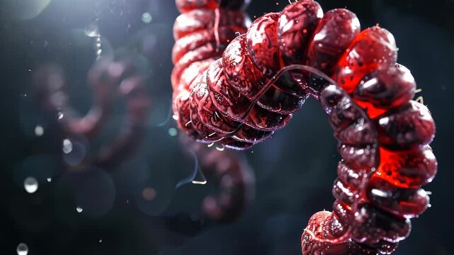 Detailed 3D render of the colon, focusing on haustra, taenia coli, set against darkness for impact