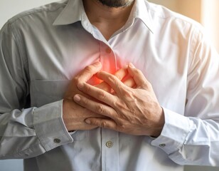 Businessman suffering from chest pain due to heart attack or stroke