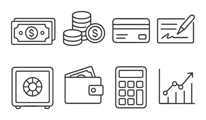 Finance icon set. banking and money management linear icons: cash, wallet, calculator, graph vector icons.