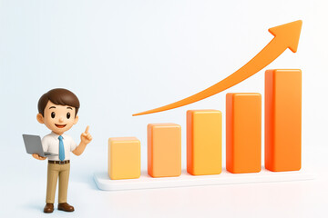 3D illustration of businessman with smartphone and rising arrow bar chart