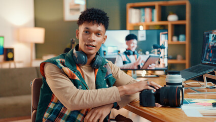 Influencer, live streaming and portrait of man with camera for tech review, feedback and vlog....
