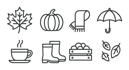Autumn set. seasonal linear icons. leaf, pumpkin, scarf, umbrella, boots, harvest vector icons.