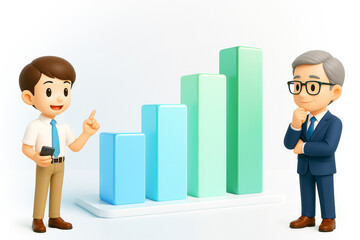 3D illustration of a young and senior businessman discussing a growth bar chart