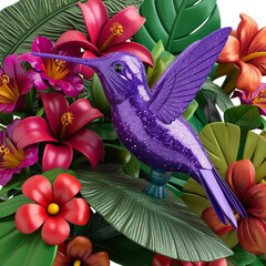 Purple humming bird and tropical flowers ornament