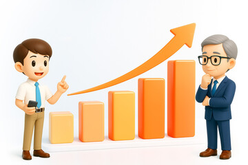 3D illustration of a young and senior businessman discussing a growth bar chart