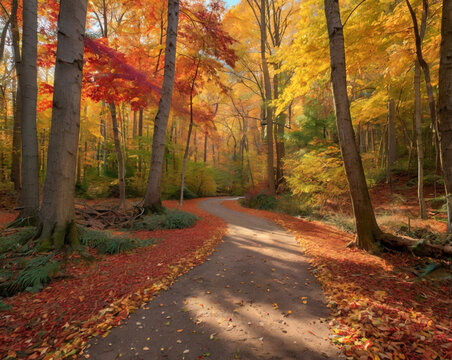 Autumn path winding through colorful forest