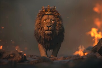 Majestic lion with golden crown walking through fiery background. Concept of power, royalty, and divine strength for Christian faith.