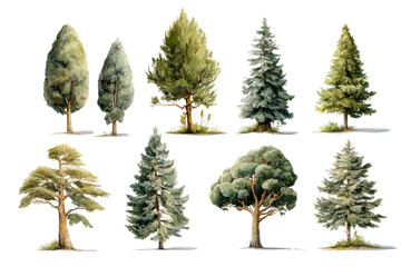 PNG Watercolor illustrations of varied evergreen tree species in detailed artistic styles