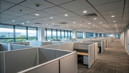 Modern office interior featuring cubicle workstations natural light and empty workspace environment