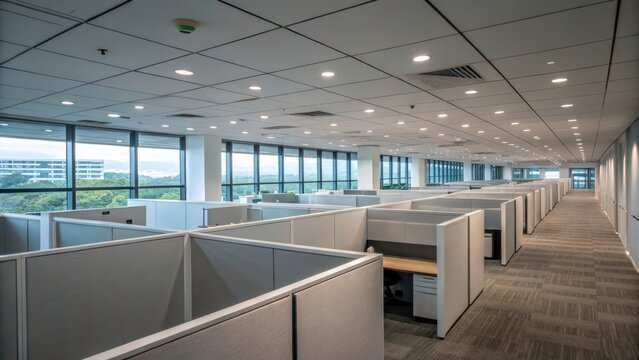 Modern office interior featuring cubicle workstations natural light and empty workspace environment