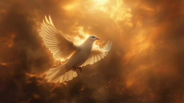 White dove flying in a burst of golden light and fire. Holy spirit concept for religious, Christian, or biblical themes. Footage.
