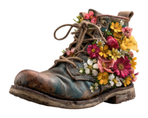 Floral boot display at nature event exhibit rustic environment view isolated on transparent background