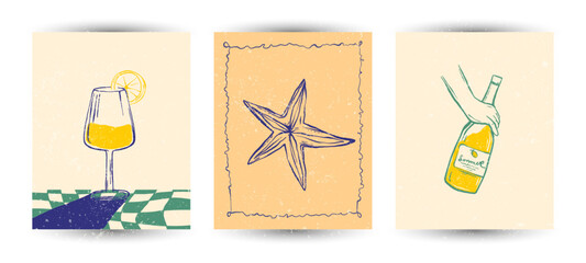 Set of Hand Drawn sketch style vector Illustrations – Vintage Style Minimal Posters with Grunge Texture. Travel doodles. Art for postcards, print posters, packaging design with textured grunge finish