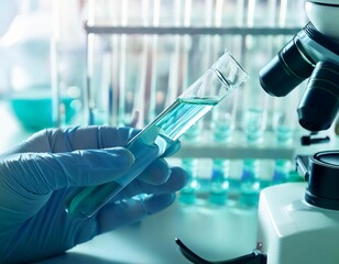 Scientist holding test tube with new antibiotic near microscope in laboratory