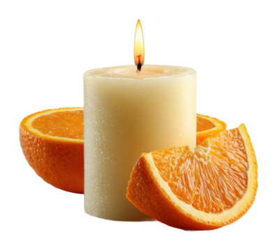 Relaxing candlelit atmosphere with orange slices home decor warm environment view isolated on transparent background