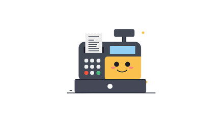 Cute smiling cash register with receipt in simple flat design style